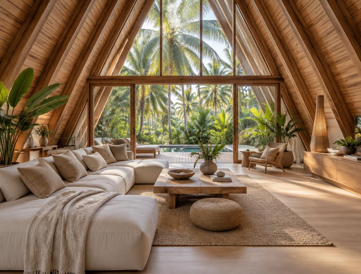 AI-generated tropical A-frame lounge interior with garden-facing glazing — design inspiration only
